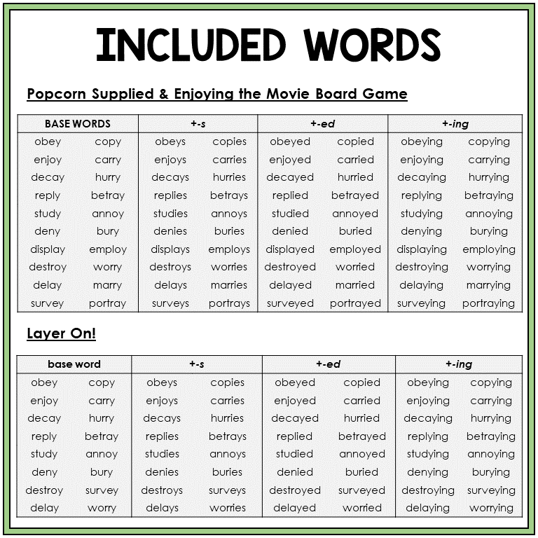 Word list for verbs that end in Y with -ING, -S, and -ED, Sort 39