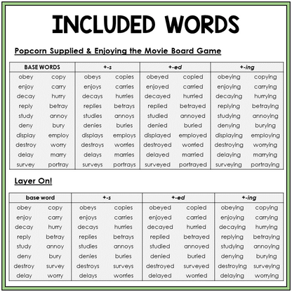 Word list for verbs that end in Y with -ING, -S, and -ED, Sort 39