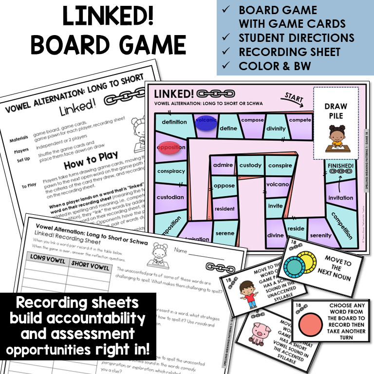 Linked! board game for vowel alternation, Long to Short or Schwa