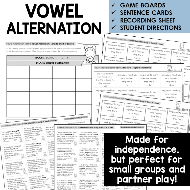 Vowel Alternation Sprint word board activity for vowel alternation, Long to Short or Schwa