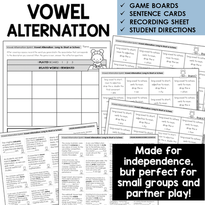 Vowel Alternation Sprint word board activity for vowel alternation, Long to Short or Schwa
