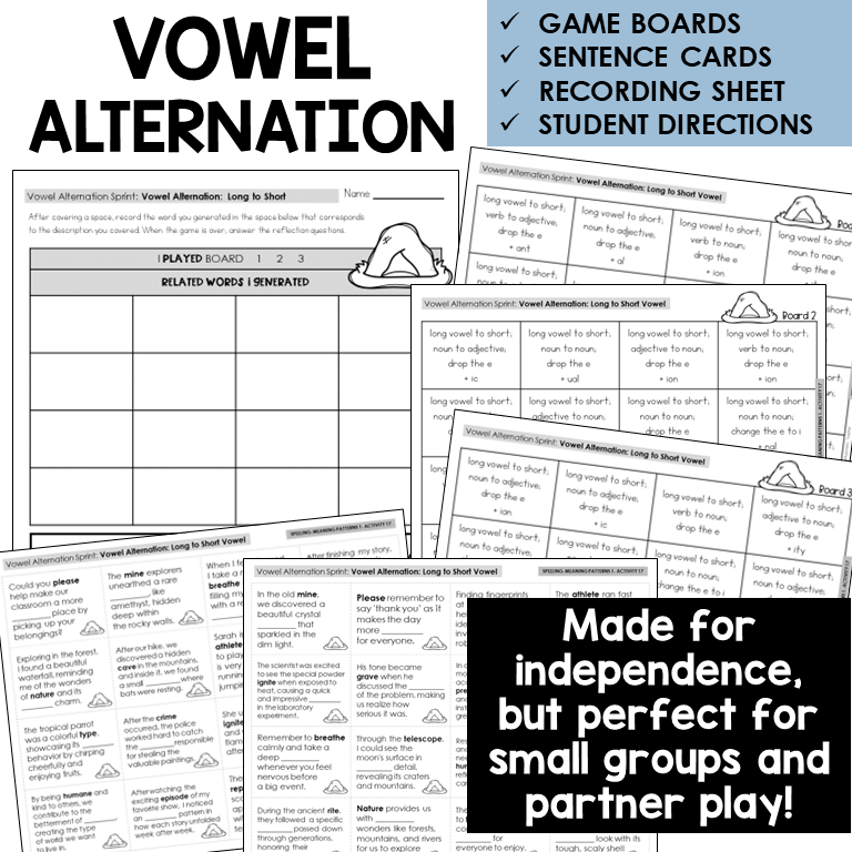 Vowel Alternation Sprint word board activity for vowel alternation, Long to Short