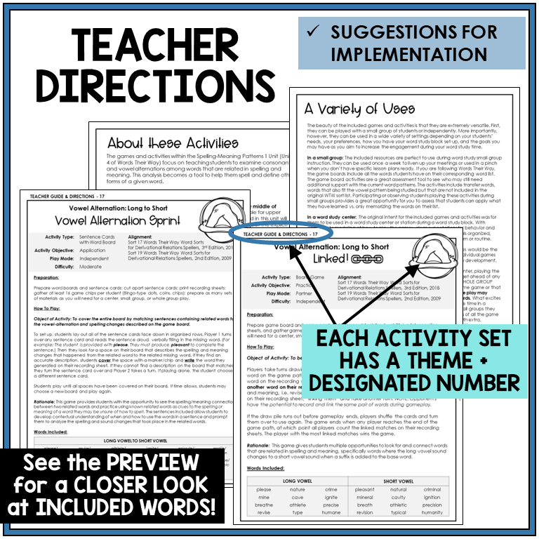Teacher directions for vowel alternation, Long to Short games