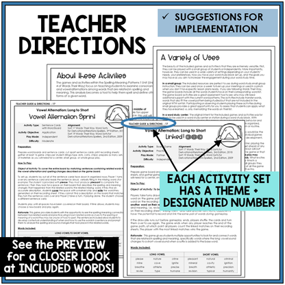 Teacher directions for vowel alternation, Long to Short games