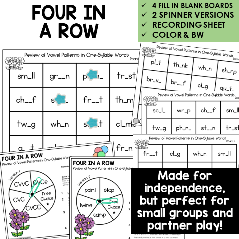 Four In A Row fill-in-the-blank word boards and spinners for CVVC, CVC, CVCC, and CVCe words