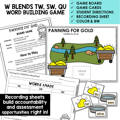 Panning for Gold word building board game with TW, SW, and QU cards and recording sheet