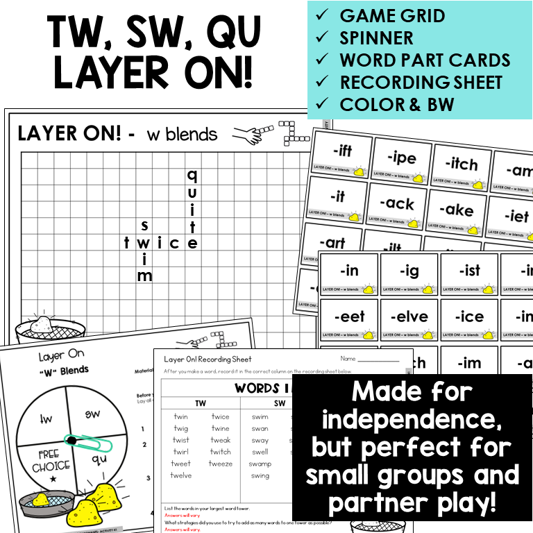 Layer On word tower game with spinner, word part cards, and recording sheet for W blends