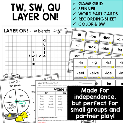 Layer On word tower game with spinner, word part cards, and recording sheet for W blends