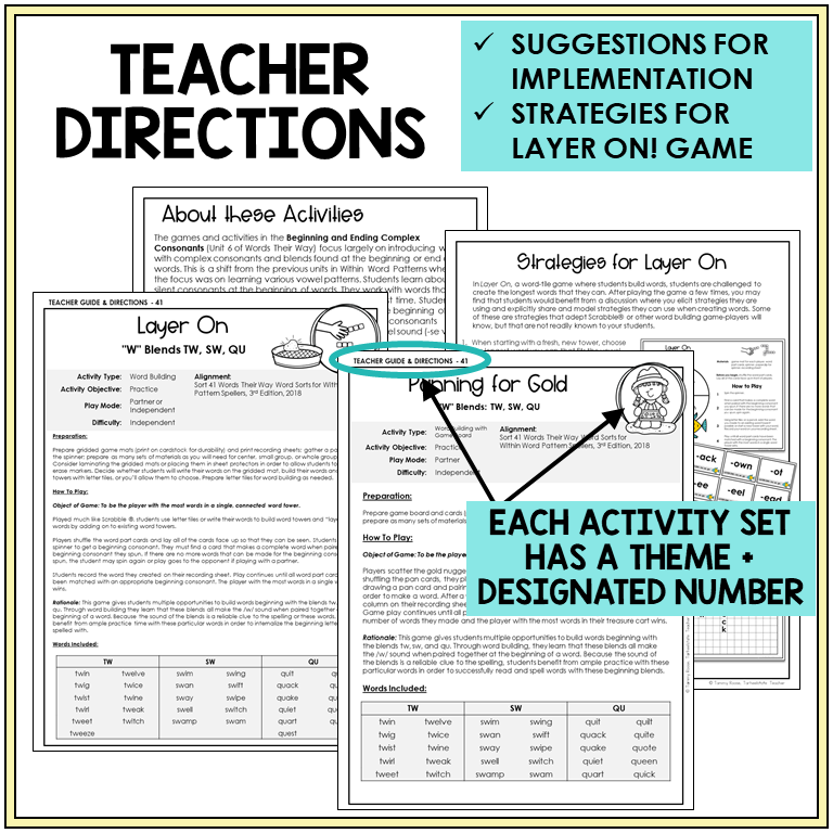 Teacher directions for TW, SW, and QU games