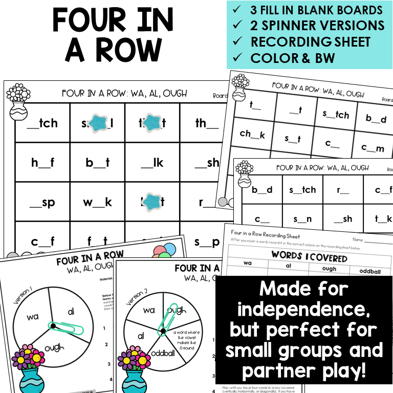 Four In A Row boards, spinners, and recording sheet for WA, AL, and OUGH