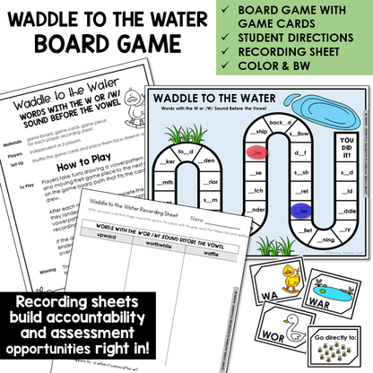 Waddle to the Water Board Game for WAR, WOR, and WA in accented syllables, with recording sheet