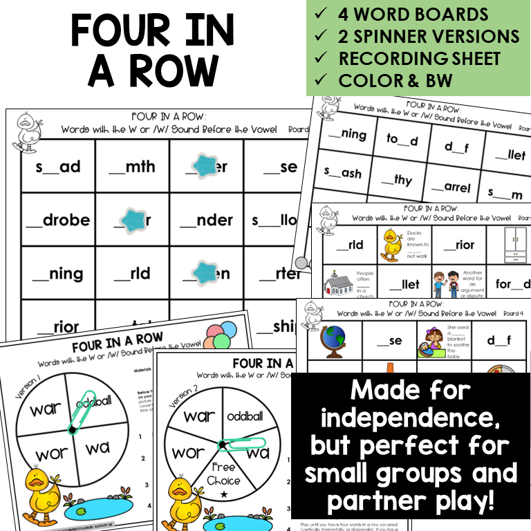 Four In A Row for WAR, WOR, and WA in accented syllables, with spinners and recording sheet