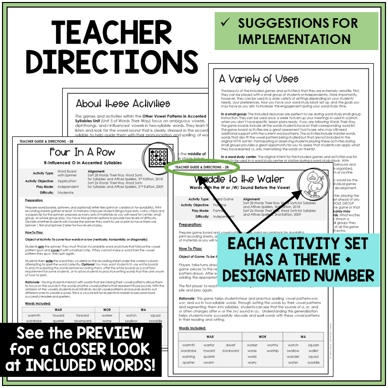 Teacher directions for WAR, WOR, and WA in accented syllables games