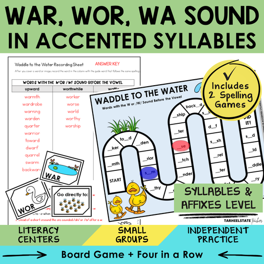 WAR, WOR, WA Sound in Accented Syllables Sort 28 Syllables Affixes Games cover