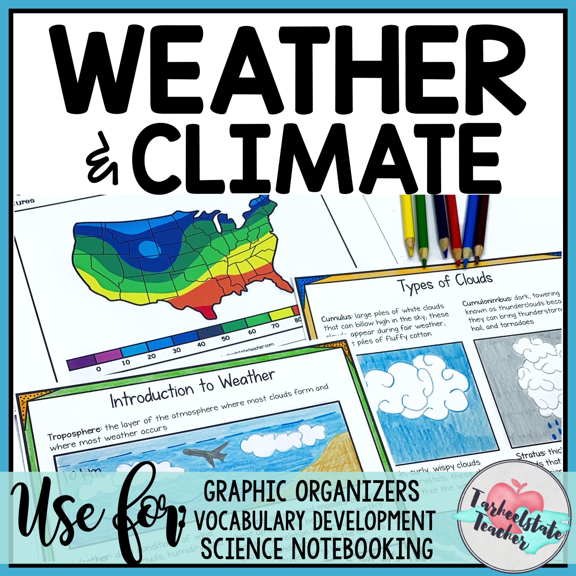 Interactive student notebook with worksheets and graphic organizers on weather and climate