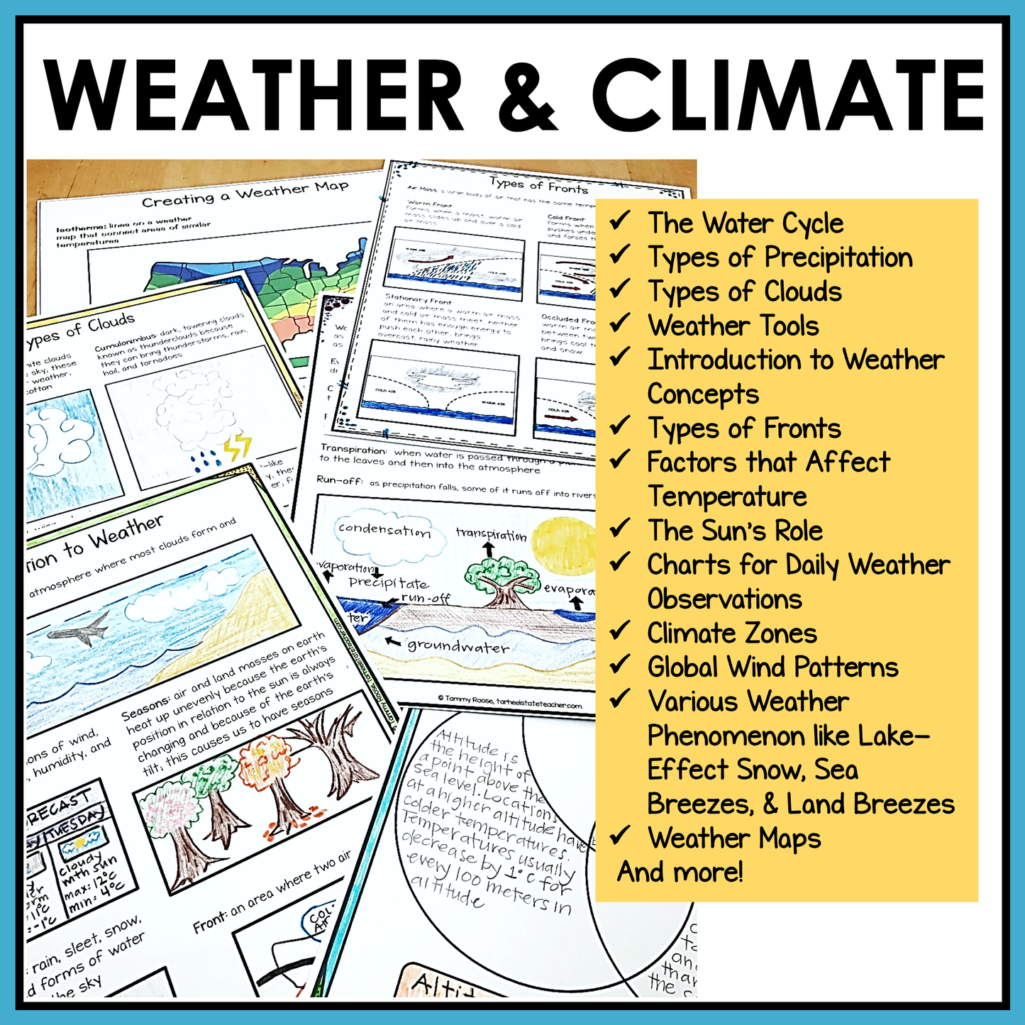 List of concepts covered in Weather and Climate Student Research Notebook resource