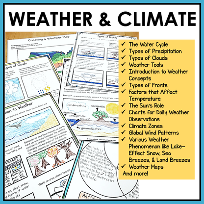 List of concepts covered in Weather and Climate Student Research Notebook resource