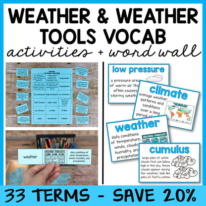 Weather and Climate Vocabulary Activities Mats, Study Slips, & Quizzes with Word Wall Bundle
