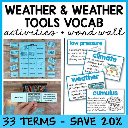 Weather and Climate Vocabulary Activities Mats, Study Slips, & Quizzes with Word Wall Bundle