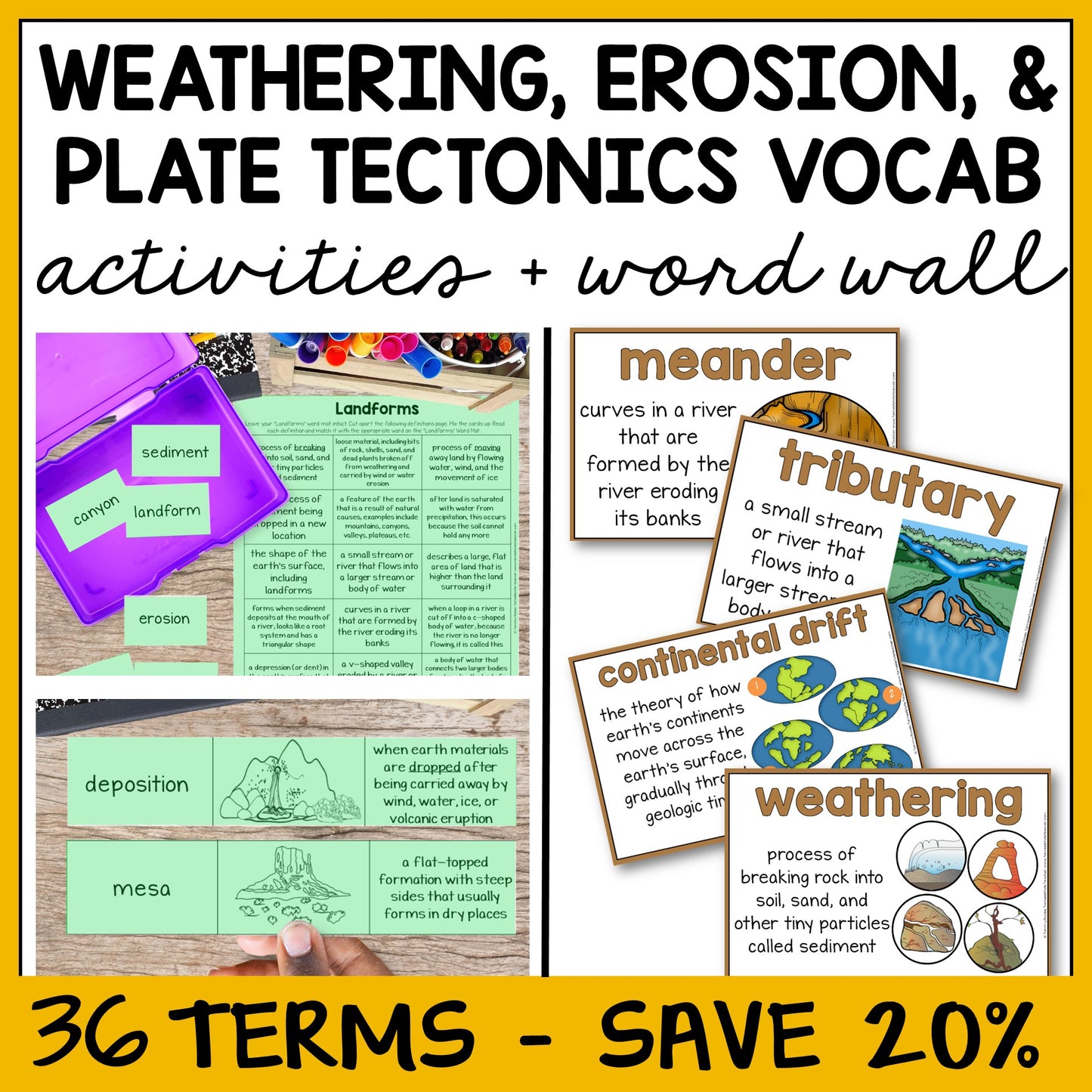 Weathering, Erosion, & Plate Tectonics Vocabulary Activities Mats, Study Slips, & Quizzes with Word Wall Bundle