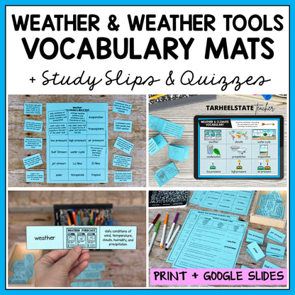 Educational materials on weather and weather tools with digital and print options.