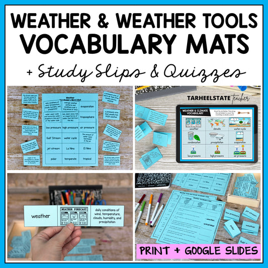 Educational materials on weather and weather tools with digital and print options.
