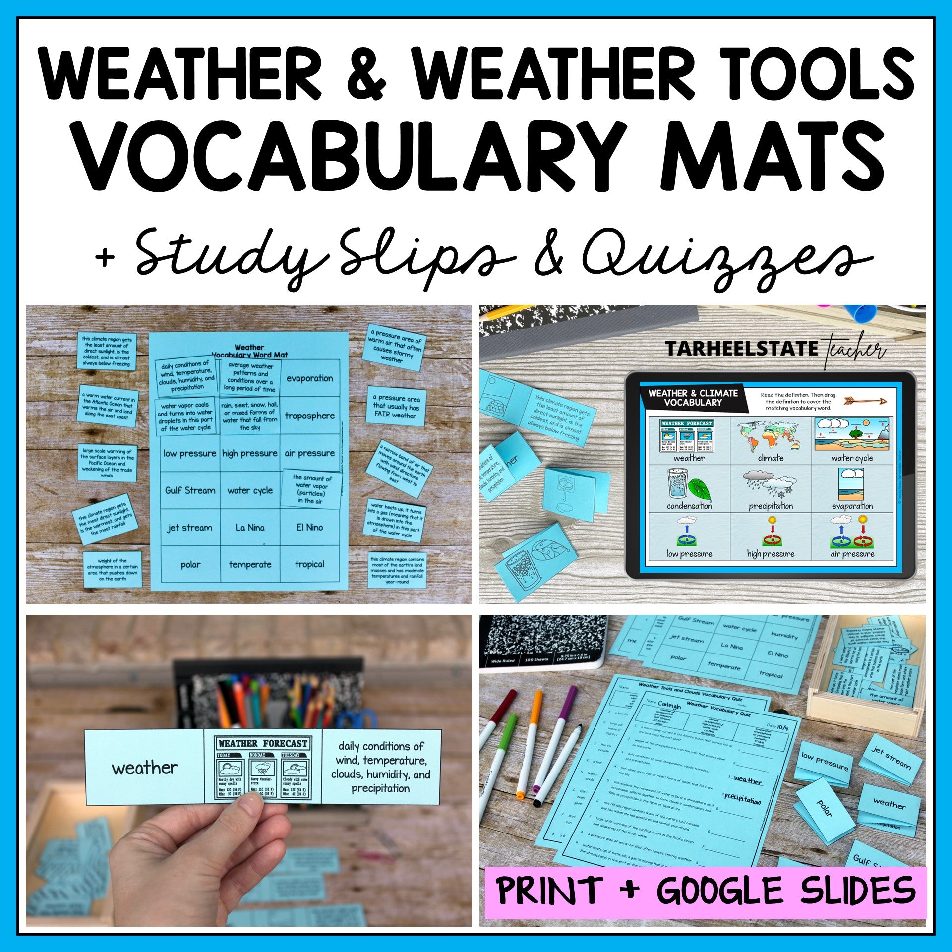 Educational materials on weather and weather tools with digital and print options.
