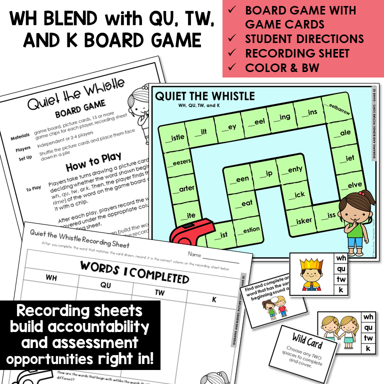 Quiet the Whistle board game, game cards, and recording sheet for WH, QU, TW, and K