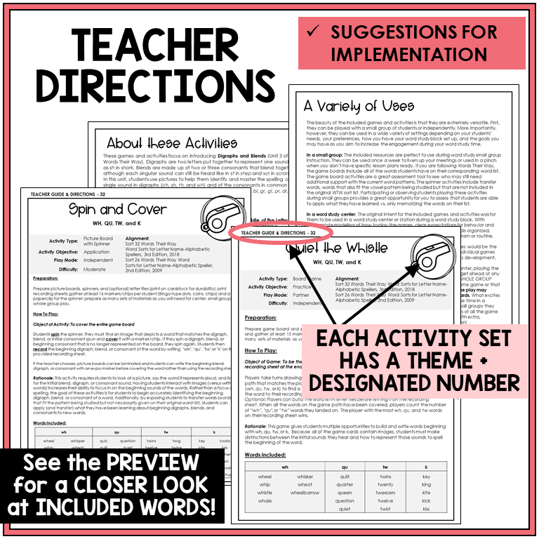 Teacher directions for WH, QU, TW, and K games