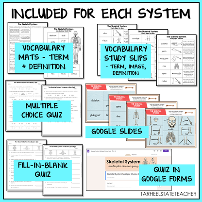 Educational materials for teaching the Skeletal System, including vocabulary mats, study slips, quizzes, and Google Slides.