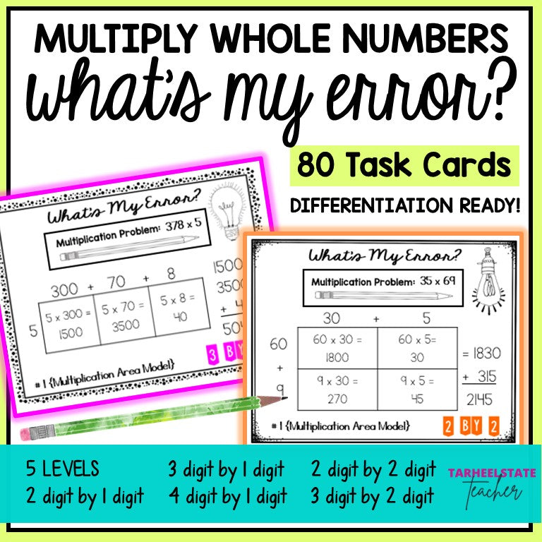 Multiply Whole Numbers with Area Model Error Analysis Task Cards Activities