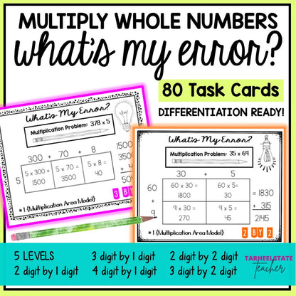 Multiply Whole Numbers with Area Model Error Analysis Task Cards Activities