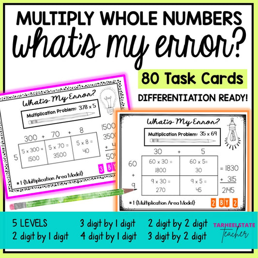 Educational task cards for multiplying whole numbers with differentiation options.
