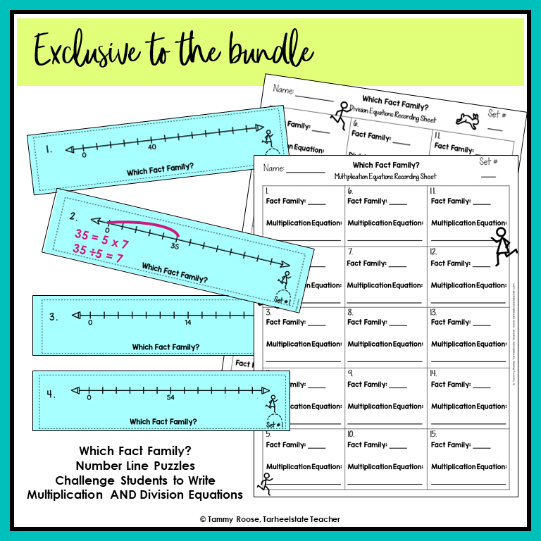 Educational worksheet and matching cards about multiples on a number line exclusive to the multiplication fact fluency bundle