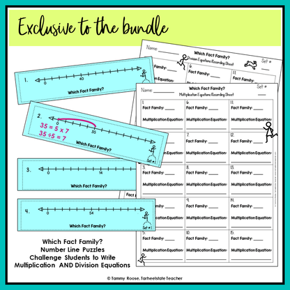 Educational worksheet and matching cards about multiples on a number line exclusive to the multiplication fact fluency bundle