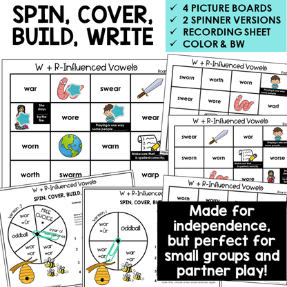Spin, Cover, Build, Write picture boards for W with R-controlled vowels