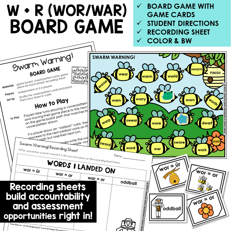 W with R-controlled vowels board game with word cards and recording sheet