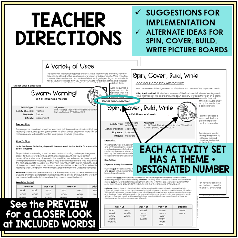 Teacher directions for W with R-controlled vowels games