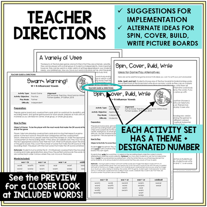 Teacher directions for W with R-controlled vowels games