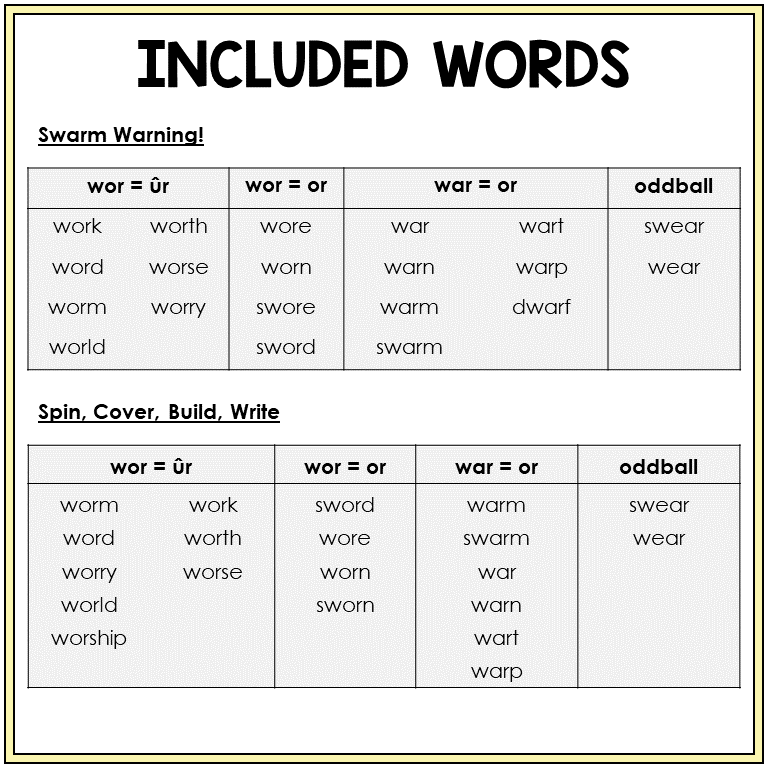Word list for W with R-controlled vowels games, Sort 34