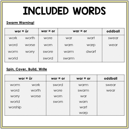 Word list for W with R-controlled vowels games, Sort 34