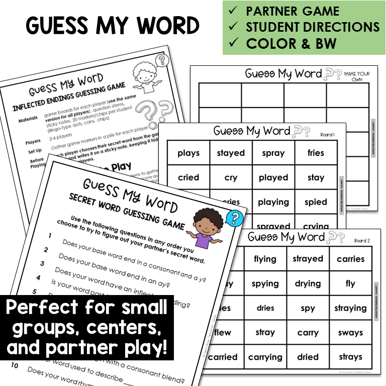 Guess My Word for adding -S, -ED, and -ING to words that end in Y, with recording sheet