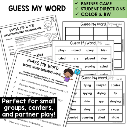 Guess My Word for adding -S, -ED, and -ING to words that end in Y, with recording sheet