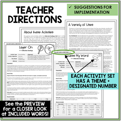 Teacher directions for adding -S, -ED, and -ING to words that end in Y games