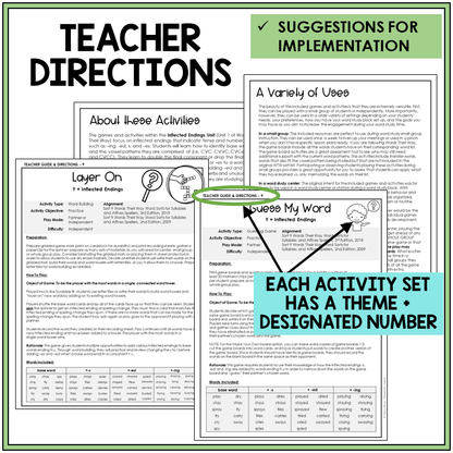 Teacher directions and suggestions for implementation, adding -S, -ED, and -ING to words that end in Y