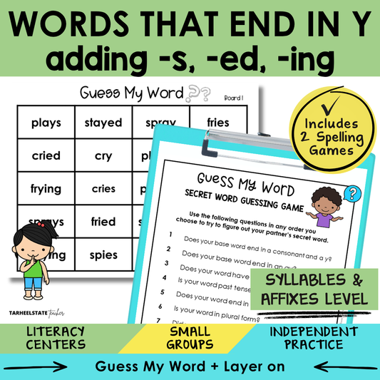 Words That End in Y Adding -S, -ED, -ING Sort 9 Syllables Affixes Games cover