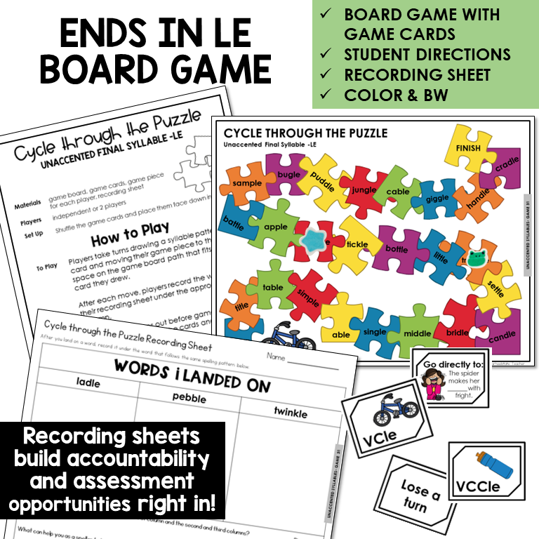 Cycle Through The Puzzle Board Game for -LE in the unaccented final syllable, with recording sheet