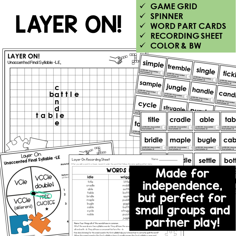 Layer On! word building activity for -LE in the unaccented final syllable