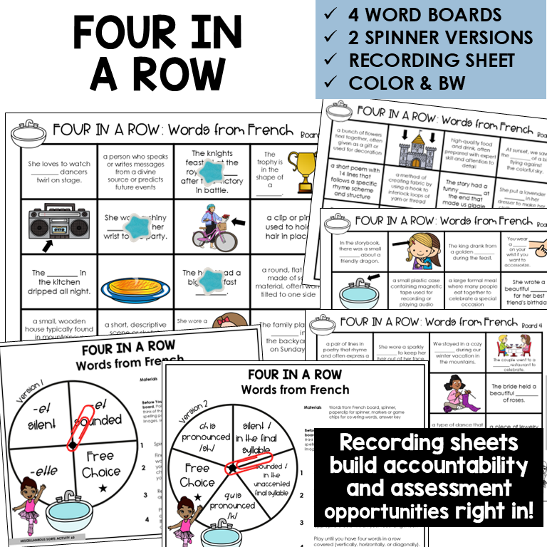 Four in a Row word boards and spinner for words from French