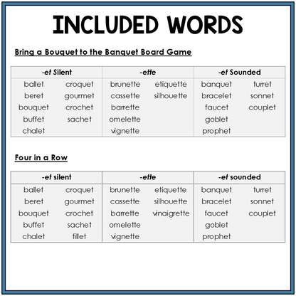 Word list for words from French -ET and -ETTE, Sort 60